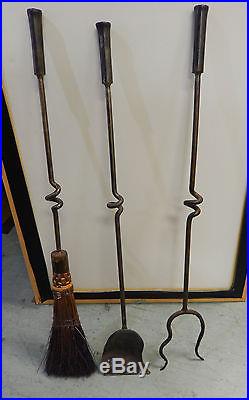 Vintage Modern Artisan Crafted Hand Forged Iron Fireplace Tool Set 3 Tools