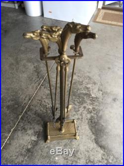 VINTAGE SET OF Brass HORSE HEAD FIREPLACE TOOLS With STAND