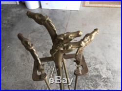 VINTAGE SET OF Brass HORSE HEAD FIREPLACE TOOLS With STAND