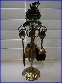 VINTAGE SHORT ENGLISH BRASS FIREPLACE TOOLS With STAND (5) PIECERARE