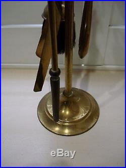 VINTAGE SHORT ENGLISH BRASS FIREPLACE TOOLS With STAND (5) PIECERARE
