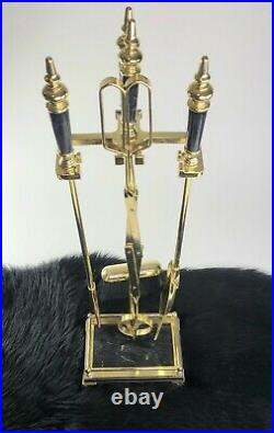 VINTAGE SOLID BRASS FIREPLACE 4 PIECE TOOL SET 32 H pearl like handles GORGEOUS