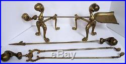 VINTAGE SOLID BRASS FIREPLACE DOGS With HUGE BALL AND CLAWS FEET MATCHING TOOL SET