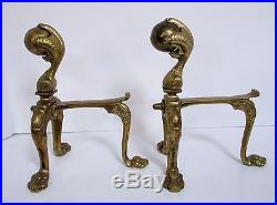 VINTAGE SOLID BRASS FIREPLACE DOGS With HUGE BALL AND CLAWS FEET MATCHING TOOL SET