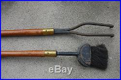 VINTAGE WROUGHT IRON WOOD BRASS RUSTIC RANCH STYLE FIREPLACE TOOLS SET