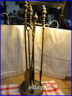 VINTAGE brass fireplace tools set stand broom shovel poker & log grabber