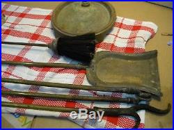 VINTAGE brass fireplace tools set stand broom shovel poker & log grabber
