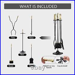 VIVOHOME Rustic Wrought Iron 5 Pieces Fireplace Tool Set with Poker Tongs Bro