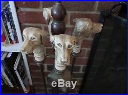 VTG 4 PC Set Brass Resin & Wood Retrievers Dog Heads Fireplace Tools With Stand