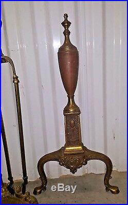 VTG Antique Art Nouveau Brass Ornate Fireplace Stand Tools With Andirons
