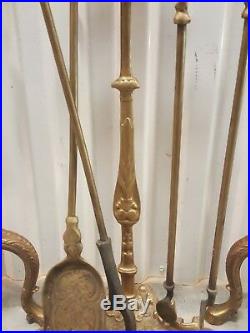 VTG Antique Art Nouveau Brass Ornate Fireplace Stand Tools With Andirons