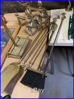 VTG Antique Nautical Art Nouveau Brass Ornate Fireplace Stand Tools With Andirons