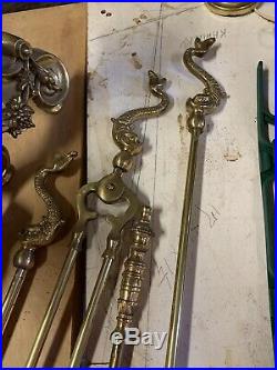 VTG Antique Nautical Art Nouveau Brass Ornate Fireplace Stand Tools With Andirons