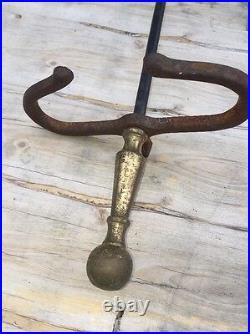 VTG Antique SOLID BRASS & IRON Fireplace Tool SET 4 POKER SHOVEL TONGS STAND