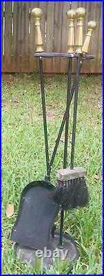 VTG Art Deco Brass 4 Piece Fireplace 3 Tool Set with Stand 27 Brush Shovel Tongs