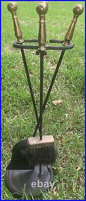 VTG Art Deco Brass 4 Piece Fireplace 3 Tool Set with Stand 27 Brush Shovel Tongs