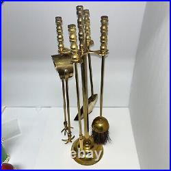 VTG Brass Fireplace Tool Set 5 Piece 4 Tools and Stand Round Base 20Hx 4.75D