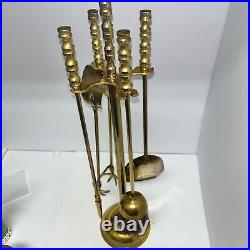 VTG Brass Fireplace Tool Set 5 Piece 4 Tools and Stand Round Base 20Hx 4.75D