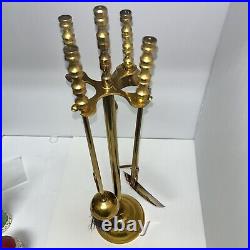 VTG Brass Fireplace Tool Set 5 Piece 4 Tools and Stand Round Base 20Hx 4.75D