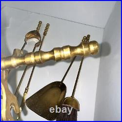 VTG Brass Fireplace Tool Set 5 Piece 4 Tools and Stand Round Base 20Hx 4.75D