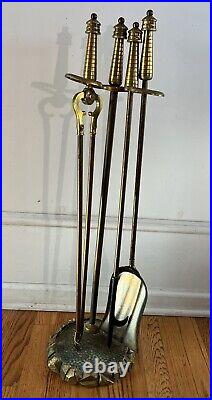 VTG Brass Fireplace Tool Set Poker Tongs Shovel Stand Rostand