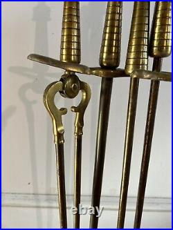 VTG Brass Fireplace Tool Set Poker Tongs Shovel Stand Rostand