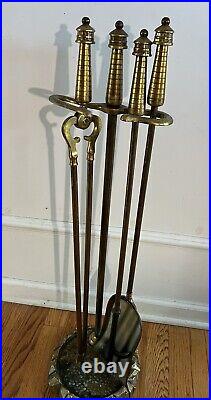 VTG Brass Fireplace Tool Set Poker Tongs Shovel Stand Rostand