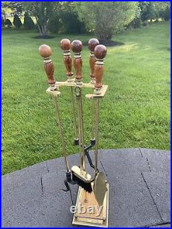 VTG Brass and Wood Finish Fireplace Tool Set & Stand 32 tall 5 pc set