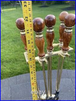 VTG Brass and Wood Finish Fireplace Tool Set & Stand 32 tall 5 pc set