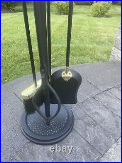 VTG Cast Iron / Brass Heavy 15 Lb Solid 5-Piece Fireplace Tool & Stand Set 31