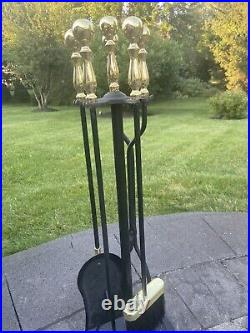 VTG Cast Iron / Brass Heavy 15 Lb Solid 5-Piece Fireplace Tool & Stand Set 31