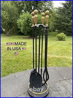 VTG Cast Iron / Brass Heavy 18 Lb Solid 5-Piece Fireplace Tool & Stand Set 31