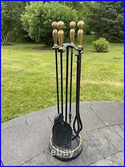 VTG Cast Iron / Brass Heavy 18 Lb Solid 5-Piece Fireplace Tool & Stand Set 31