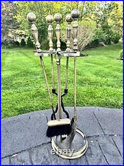 VTG Cast Metal / Brass Heavy 14.1 Lb Solid 5-Pc Fireplace Tool & Stand Set 31