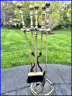 VTG Cast Metal / Brass Heavy 14.1 Lb Solid 5-Pc Fireplace Tool & Stand Set 31