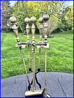 VTG Cast Metal / Brass Heavy 14.1 Lb Solid 5-Pc Fireplace Tool & Stand Set 31