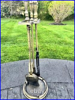 VTG Cast Metal / Brass Heavy 14.1 Lb Solid 5-Pc Fireplace Tool & Stand Set 31