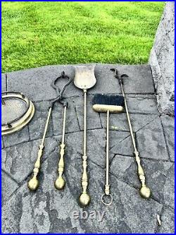 VTG Cast Metal / Brass Heavy 14.1 Lb Solid 5-Pc Fireplace Tool & Stand Set 31