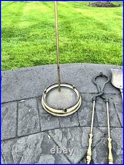 VTG Cast Metal / Brass Heavy 14.1 Lb Solid 5-Pc Fireplace Tool & Stand Set 31