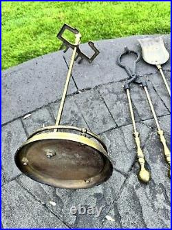 VTG Cast Metal / Brass Heavy 14.1 Lb Solid 5-Pc Fireplace Tool & Stand Set 31