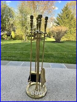 VTG Cast Metal / Brass Heavy 14.5 Lb Solid 5-Pc Fireplace Tool & Stand Set 30