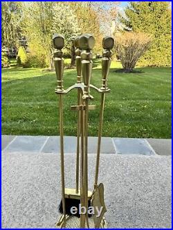 VTG Cast Metal / Brass Heavy 14.5 Lb Solid 5-Pc Fireplace Tool & Stand Set 30