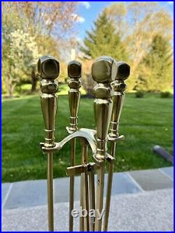 VTG Cast Metal / Brass Heavy 14.5 Lb Solid 5-Pc Fireplace Tool & Stand Set 30