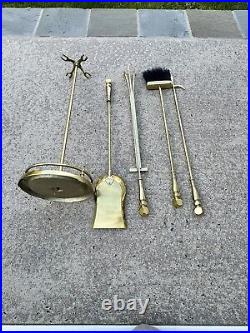 VTG Cast Metal / Brass Heavy 14.5 Lb Solid 5-Pc Fireplace Tool & Stand Set 30