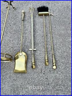 VTG Cast Metal / Brass Heavy 14.5 Lb Solid 5-Pc Fireplace Tool & Stand Set 30