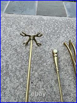 VTG Cast Metal / Brass Heavy 14.5 Lb Solid 5-Pc Fireplace Tool & Stand Set 30