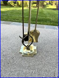 VTG Cast Metal / Brass Heavy 14 Lb Solid 5-Piece Fireplace Tool & Stand Set 30