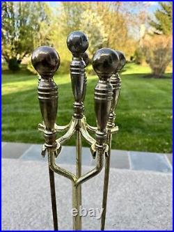 VTG Cast Metal / Brass Heavy 14 Lb Solid 5-Piece Fireplace Tool & Stand Set 30