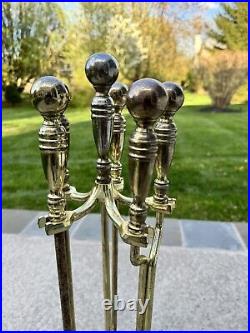 VTG Cast Metal / Brass Heavy 14 Lb Solid 5-Piece Fireplace Tool & Stand Set 30