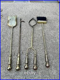 VTG Cast Metal / Brass Heavy 14 Lb Solid 5-Piece Fireplace Tool & Stand Set 30